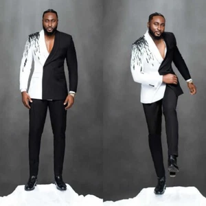 Men's Black and White Spliced Suits Shawl Lapel Jacket Black Pant Wedding Outfit - Picture 1 of 14