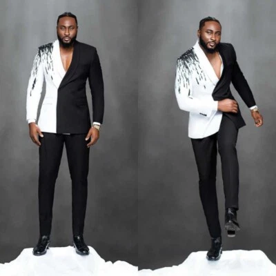 Men's Black and White Spliced Suits Shawl Lapel Jacket Black Pant Wedding Outfit - Image 1 of 4