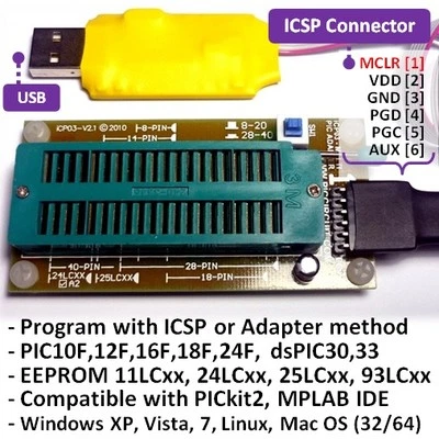 iCA03 USB Microchip PIC/dsPIC/EEPROM ICSP/Zif Socket Programmer Set @ PICkit2 SW - Photo 1/3