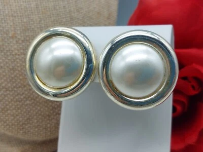 Signed Premier Designs Huggie Clip On Earring Faux Pearl Gold Tone Trim 1.25" - Image 1 of 4