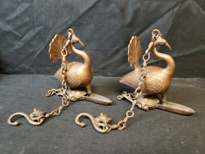 Старинный Моголов Индии бронзы латуни павлин птица вися масло лампа пара комплект из 2 - Изображение 1 из 4