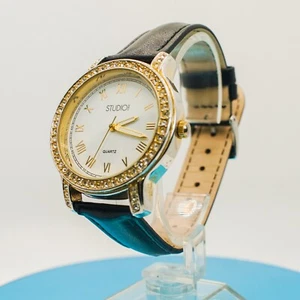 Vintage Watch By Studio Black Band Gold Tone Quartz With Rhinestones last one - Picture 1 of 12