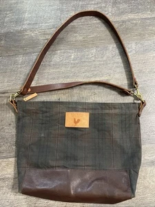 Meanwhile Back On The Farm Purse Waxed Dark Green Maroon Plaid Tote Bag EUC - Picture 1 of 19