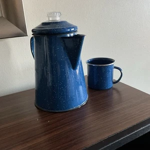 Enamel Ware Blue White Speckled Camping/Cowboy Coffee Pot/Percolator W Cup - Picture 1 of 8