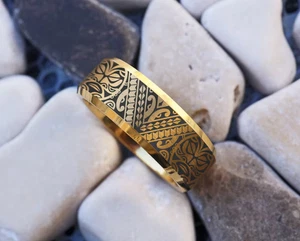 Anillo de boda cultural étnico tribal hawaiano de tungsteno unisex dorado para adultos - 8 mm - Imagen 1 de 3
