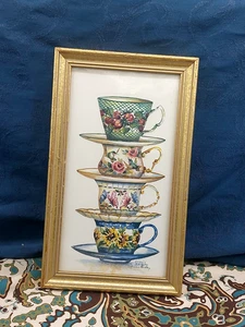 FRANKIE BUCKLEY Art Prints Watercolor Painting Tea Cups Framed Signed - Picture 1 of 8