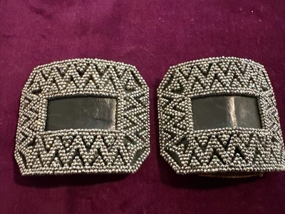 Antique Victorian Pair Cut Steel Black Sliver Micro Beaded Shoe Buckles Clips - Image 1 of 4