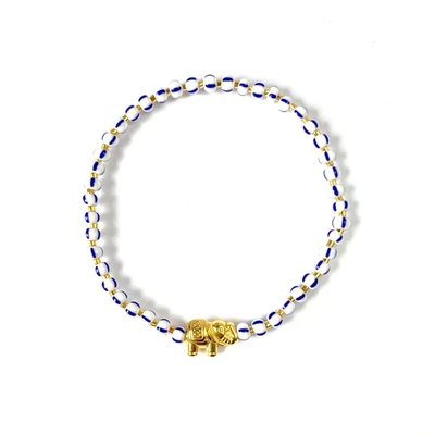 Perlen - Armband mit ELEFANT / Glasperlen / Rocailles / blau-weiß & gold - Bild 1 von 4