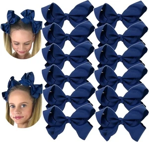 12 Pcs Navy Classic Cheer Hair Bow Clips Girls 7 Inch Cheerleading Barrettes - Picture 1 of 6