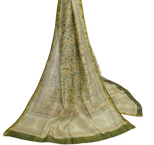 Sushila Vintage Green Dupatta Blend Silk Madhubani Printed Long Stole Veil Wrap - Picture 1 of 9