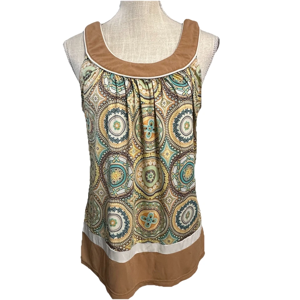 Love Tease Blouse Womens Size Large Sleeveless Top Medallion Print Beige Blue - Image 1 of 4