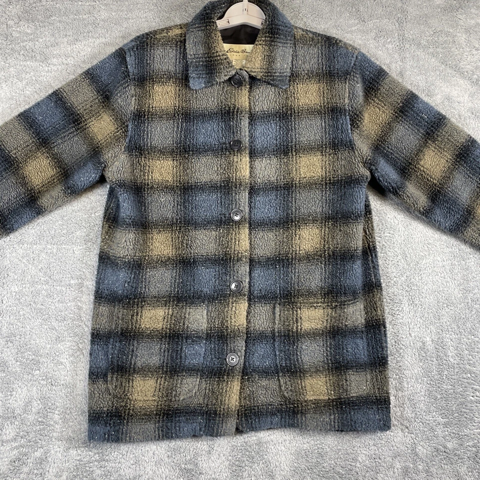 VTG Eddie Bauer Chore Jacket Women Small Navy Tan Lined Plaid Canada Made - Image 1 of 4