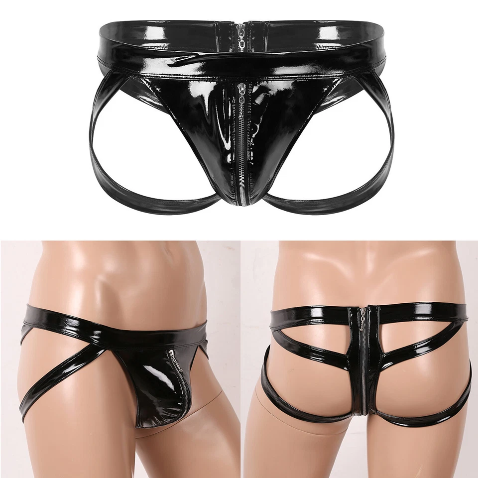 Agoky Herren Jockstrap String lederoptik Zip Bulge Pouch Slip Unterwäsche Sexy - Bild 1 von 4