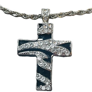 Collar Colgante Estrás Cruz Negro Esmalte 17" Tono Plata Cuerda Cadena De Colección - Imagen 1 de 14