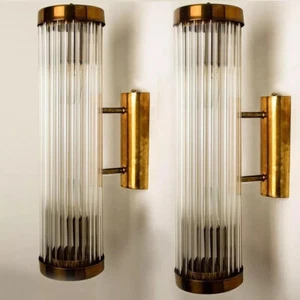 Art Deco Brass & Glass Rod Skyscraper Wall Light Pair - Vintage Antique Sconce - Picture 1 of 7