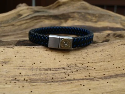 Pulsera bala de cuero negro y azul.  Cristal de cristal opcional Foto 1 de 4