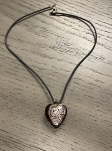 Pink Foiled Glass Puffy Heart Pendant Cord Necklace 18” Choker - Picture 1 of 6