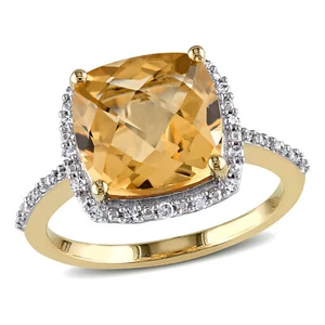 Amour 10k Yellow Gold Citrine and 1/10CT TDW Diamond Halo Ring - Picture 1 of 5