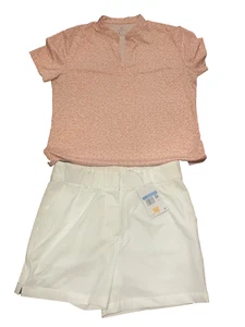 NWT women’s Golf outfit Nike white shorts ($75) M & animal print polo top orange - Picture 1 of 5