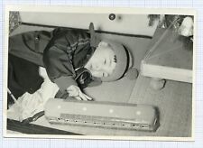 Snapshot SLEEPY KID PLAYS w TOY TRAIN vintage found photo christmas Japan 70's 