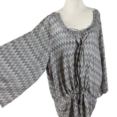 T-Bags 粘胶印花束腰外衣 2X 大码灰褐色海军蓝和服袖 V 领领带 — 第 1/4 张图片