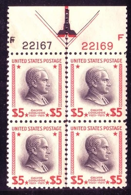 #834 $5 COOLIDGE PREXY PLATE BLOCK. W/ARROW.  VERY FINE 3.  NH OG.  SCV $325 - Image 1 of 2
