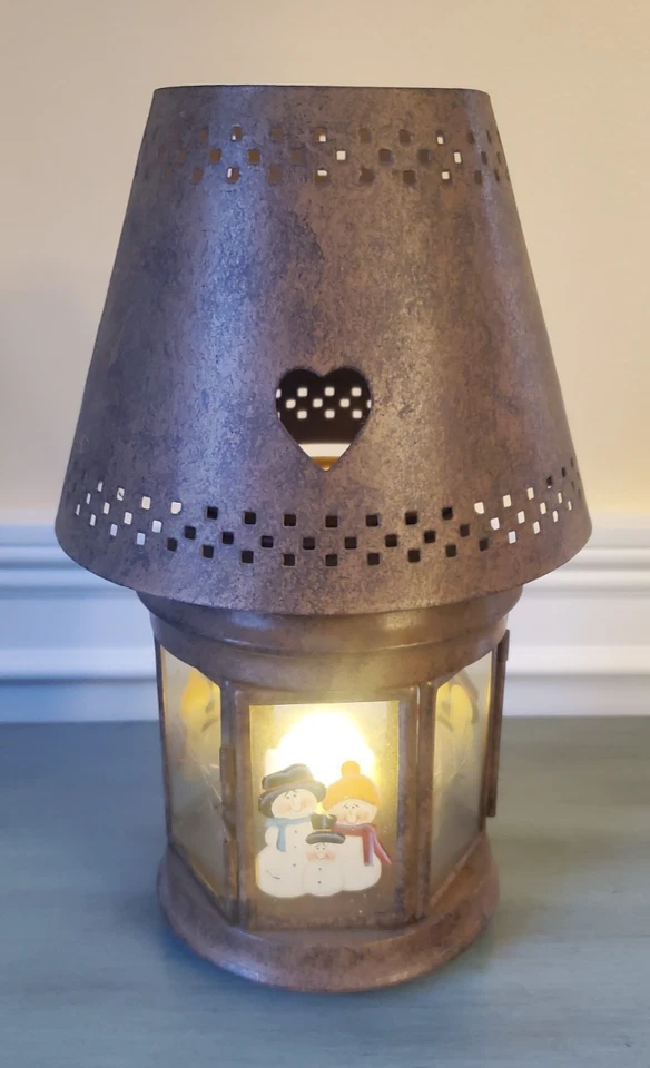 PRIMITIVO MUÑECO DE NIEVE RÚSTICO PAÍS SOPORTE DE LUZ DE TÉ LINTERNA SOMBRA DE CORAZÓN Foto 1 de 4