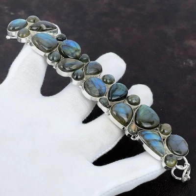 Labradorite Gemstone Handmade 925 Sterling Silver Jewelry Chin Bracelet 7-8" - Image 1 of 4