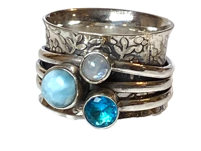 Anillo giratorio de plata esterlina banda ancha topacio piedra lunar Larimar piedras preciosas talla 8 Foto 1 de 4