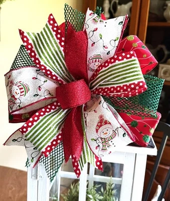 11 " TREE TOPPER SNOWMAN BOW WIRED RIBBON for TREE, DOOR WREATH # 155 rb - Image 1 of 4