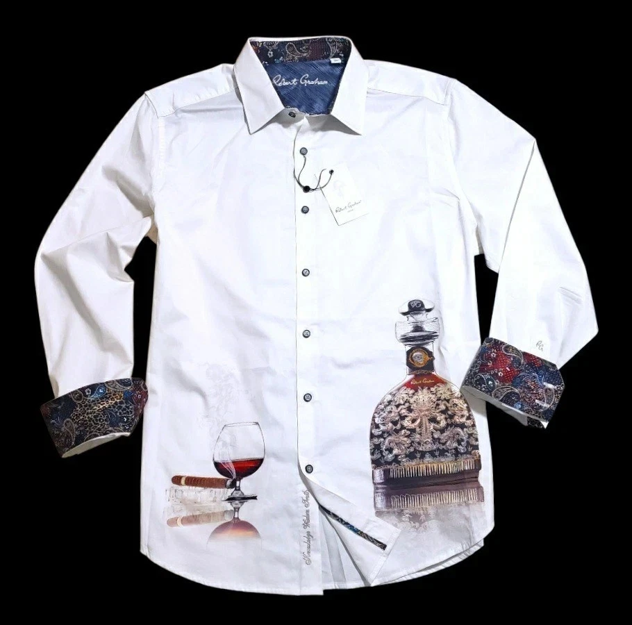 Robert Graham Skull Head Cigar & Cognac Embroidery Vtg Solid Shirt $278 Large - Image 1 of 4