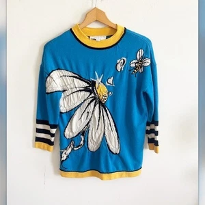 Vintage 90s St. John blue flower bee wool knit sweater size small - Bild 1 von 7