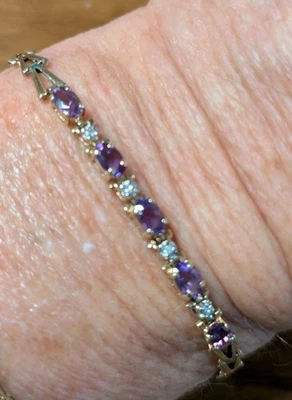 Vintage 10k Gold Amethyst And Diamond Bracelet 7" - Image 1 of 4