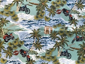 Fabric BTY - Harley Davidson Motorcycles in the Pacific - 43” wide - Picture 1 of 2