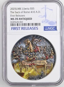 2 Oz Silver Coin 2025 Liberia The Sack of Rome 410 A.D. Antiqued NGC MS 70 POP 3 - Picture 1 of 3