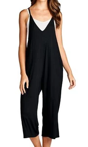 Women's Spaghetti Strap V Neck Loose Fit Capri Jumpsuit, XL, Black - Picture 1 of 7