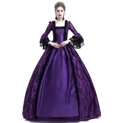 Long Sleeve Medieval Victorian Court Lace Gothic Dress Cosplay Purple Asian5XL - Image 1 of 4