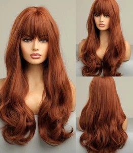 Synthetic Hair Heat Resistant Dress Up Wig With Bangs Copper Red Long Wavy - Picture 1 of 8