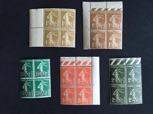 Francia 1932...1941 Semeuse 5 valores en Bloque de 4 sellos MNH - Imagen 1 de 7