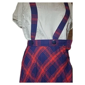 Vintage Women Long Plaid Pleated Skirt Suspenders Red Blue Sz 4 See Measurements - Picture 1 of 8