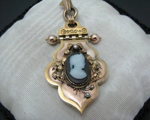 c803 Antique Large Victorian Cameo Locket in 10k Multi Tone Gold - Picture 1 of 5
