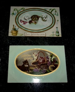 2 vintage postcards BASKET OF KITTENS AND PUPPIES - Birthday & Happy Returns - Picture 1 of 5