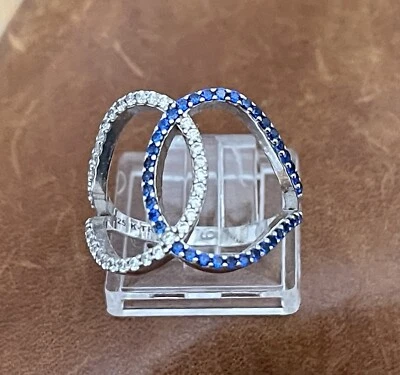 Красивый подписанный TR .925 прозрачный и синий кубический цирконий двойной овальный кольцо размер 9 - Изображение 1 из 4