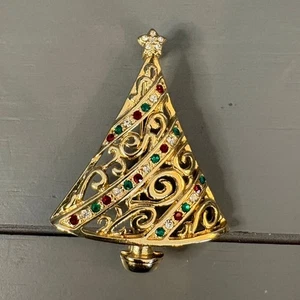 Broche prendedor árbol de Navidad vintage tono dorado y estrás - Imagen 1 de 3