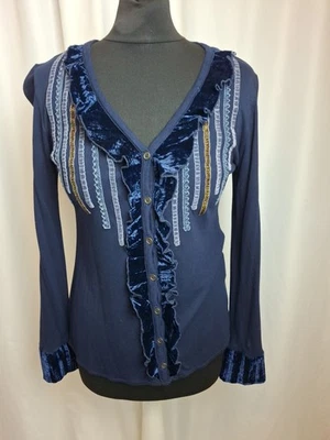 JOE BROWNS blue velvet long-sleeved top ruffle embroidery V Neck  UL10 L3108 - Image 1 of 4