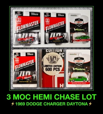 3x Máquinas M2 69 Dodge Charger Daytona HEMI GREENLIGHT Flowmaster LOTE PERSECUCIÓN sin usar, en caja Foto 1 de 4