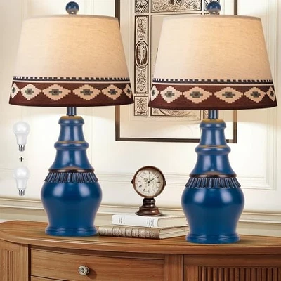  Juego de 2 lámparas de mesa rústicas de granja para sala de estar, 3 colores temperatura azul Foto 1 de 4