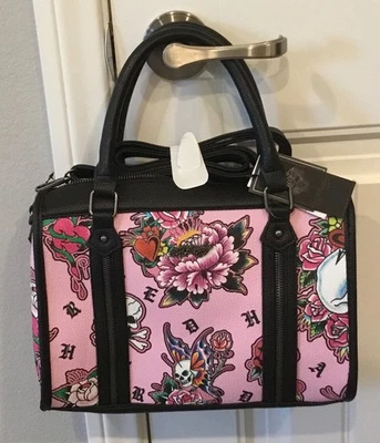 Ed Hardy Pink Skull & Roses Print Satchel Crossbody Bag w Charm Adjustable Strap - Image 1 of 4