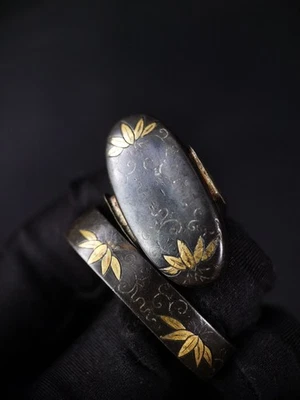 Folhas e videiras japonesas de bambu Fuchi & Kashira para Katana e Wakzashi B167 - Imagem 1 de 4