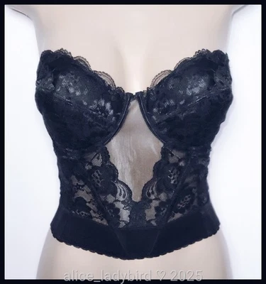 复古 BUSTIER 胸罩花卉蕾丝透明 CHIFFON 80 年代黑色紧身胸衣上衣 ~ L 38C — 第 1/4 张图片